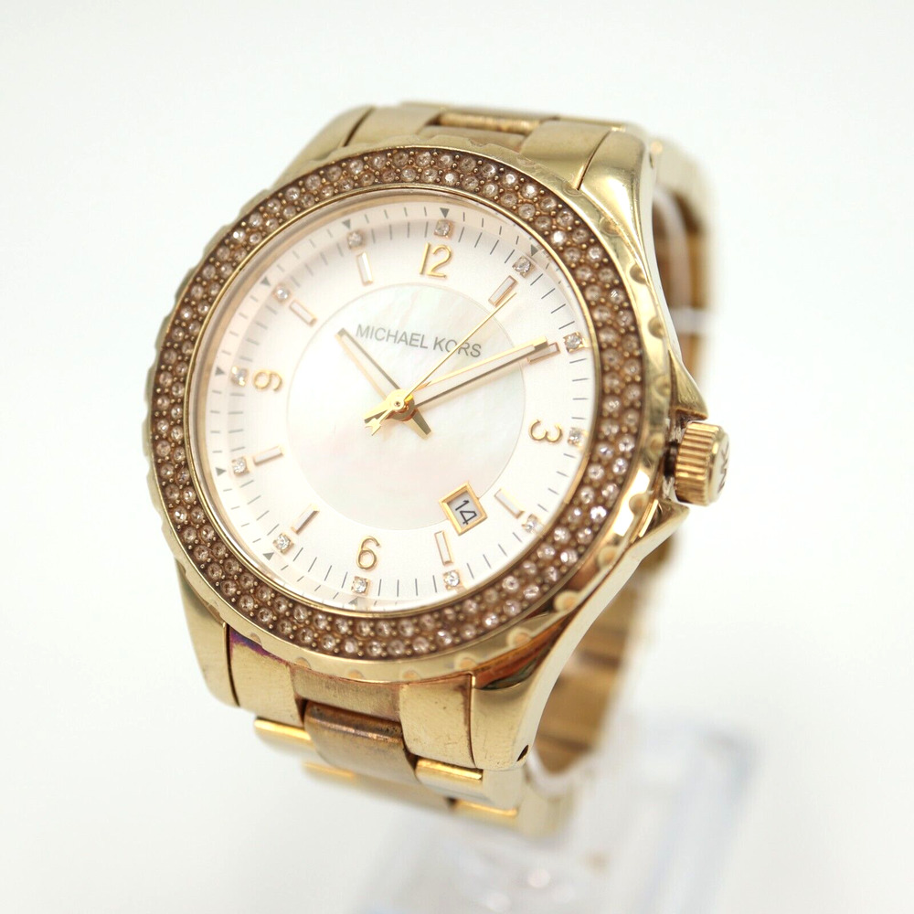 Michael Kors 42mm Watch Gold Tone MOP Dial Jewel Bezel MK5258 Stainless Steel